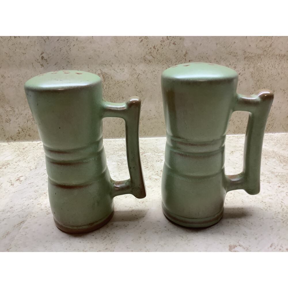 Frankoma Pottery Prairie Green Handled Salt & Pepper Shaker Set